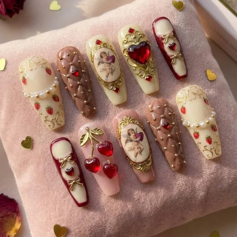 luxury vintage nails, rococo valentine nails, press on nails, custom press on nails, fake nails, Nails Art, stained glass nails, gold press on nails, 3d press on nails, luxury press on nails, handmade press on nails