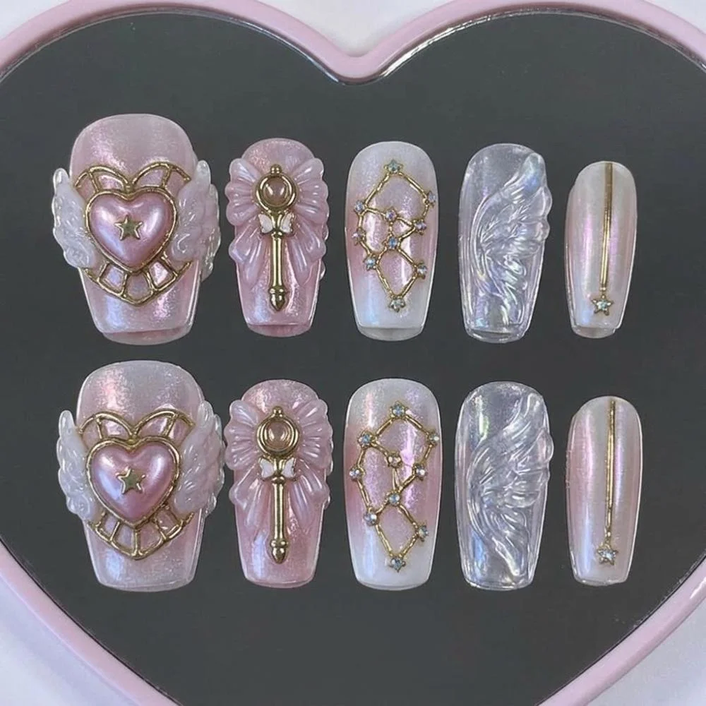 magical girl nails, press on toes, press on nails, custom press on nails, fake nails, Nails Art, stained glass nails, gold press on nails, 3d press on nails, luxury press on nails, handmade press on nails