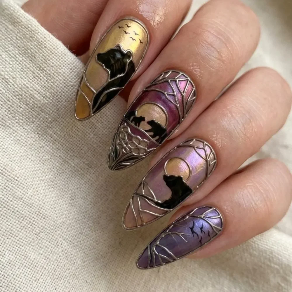 mama bear nails, wildlife art nails, press on nails, custom press on nails, fake nails, Nails Art, stained glass nails, gold press on nails, 3d press on nails, luxury press on nails, handmade press on nails