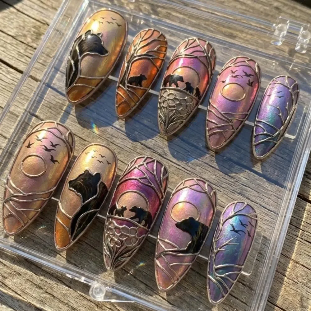 sunset iridescent, iridescent fake nails, press on nails, custom press on nails, fake nails, Nails Art, stained glass nails, gold press on nails, 3d press on nails, luxury press on nails, handmade press on nails