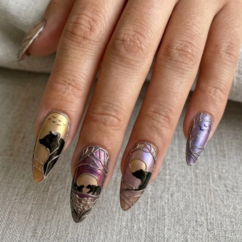 fake nails set, nature themed nails, press on nails, custom press on nails, fake nails, Nails Art, stained glass nails, gold press on nails, 3d press on nails, luxury press on nails, handmade press on nails