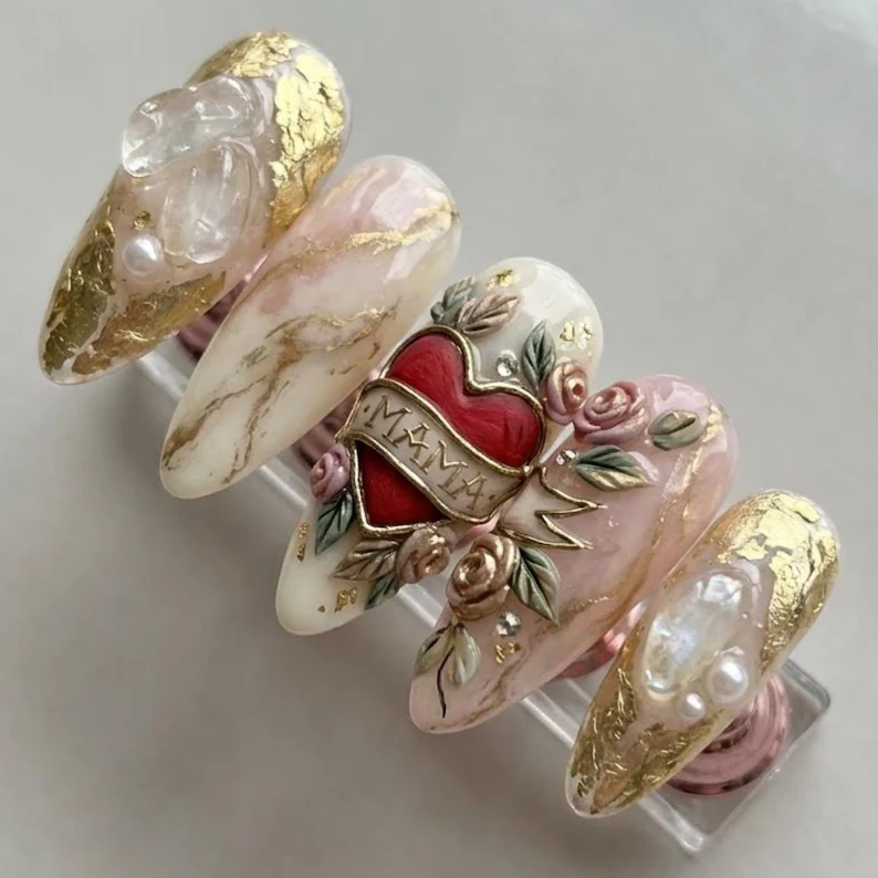 gold floral nails, gemstone texture nails, press on nails, custom press on nails, fake nails, Nails Art, stained glass nails, gold press on nails, 3d press on nails, luxury press on nails, handmade press on nails