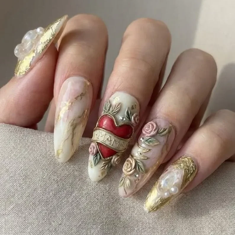 3D gold floral, raw gemstone texture, press on nails, custom press on nails, fake nails, Nails Art, stained glass nails, gold press on nails, 3d press on nails, luxury press on nails, handmade press on nails