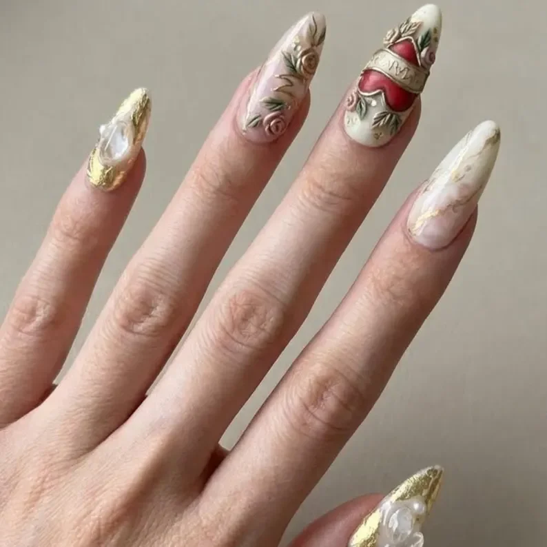 gold floral nails, gemstone texture nails, press on nails, custom press on nails, fake nails, Nails Art, stained glass nails, gold press on nails, 3d press on nails, luxury press on nails, handmade press on nails