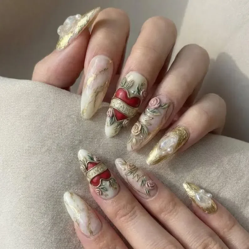 sacred heart press on nails, tattoo inspired nails, press on nails, custom press on nails, fake nails, Nails Art, stained glass nails, gold press on nails, 3d press on nails, luxury press on nails, handmade press on nails