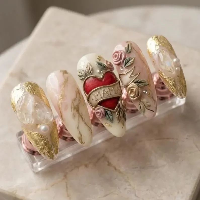3D gold floral, raw gemstone texture, press on nails, custom press on nails, fake nails, Nails Art, stained glass nails, gold press on nails, 3d press on nails, luxury press on nails, handmade press on nails