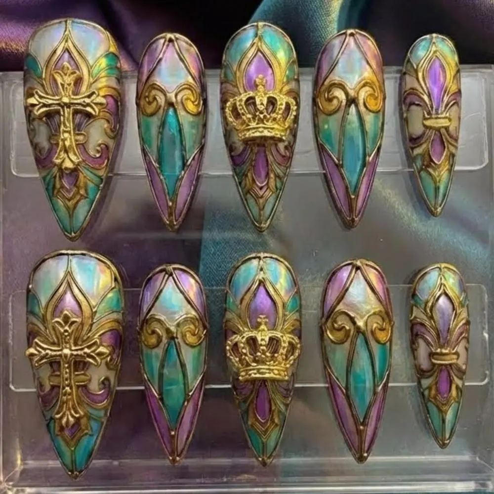 Mardi Gras nails, Press on nails, press on nails, custom press on nails, fake nails, Nails Art, stained glass nails, gold press on nails, 3d press on nails, luxury press on nails, handmade press on nails