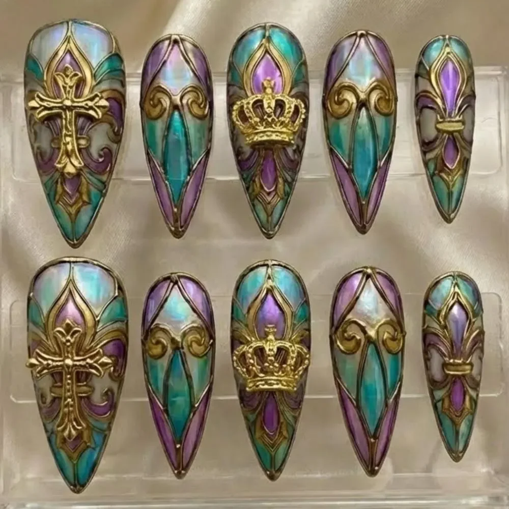 3D crown, 3D cross, press on nails, custom press on nails, fake nails, Nails Art, stained glass nails, gold press on nails, 3d press on nails, luxury press on nails, handmade press on nails