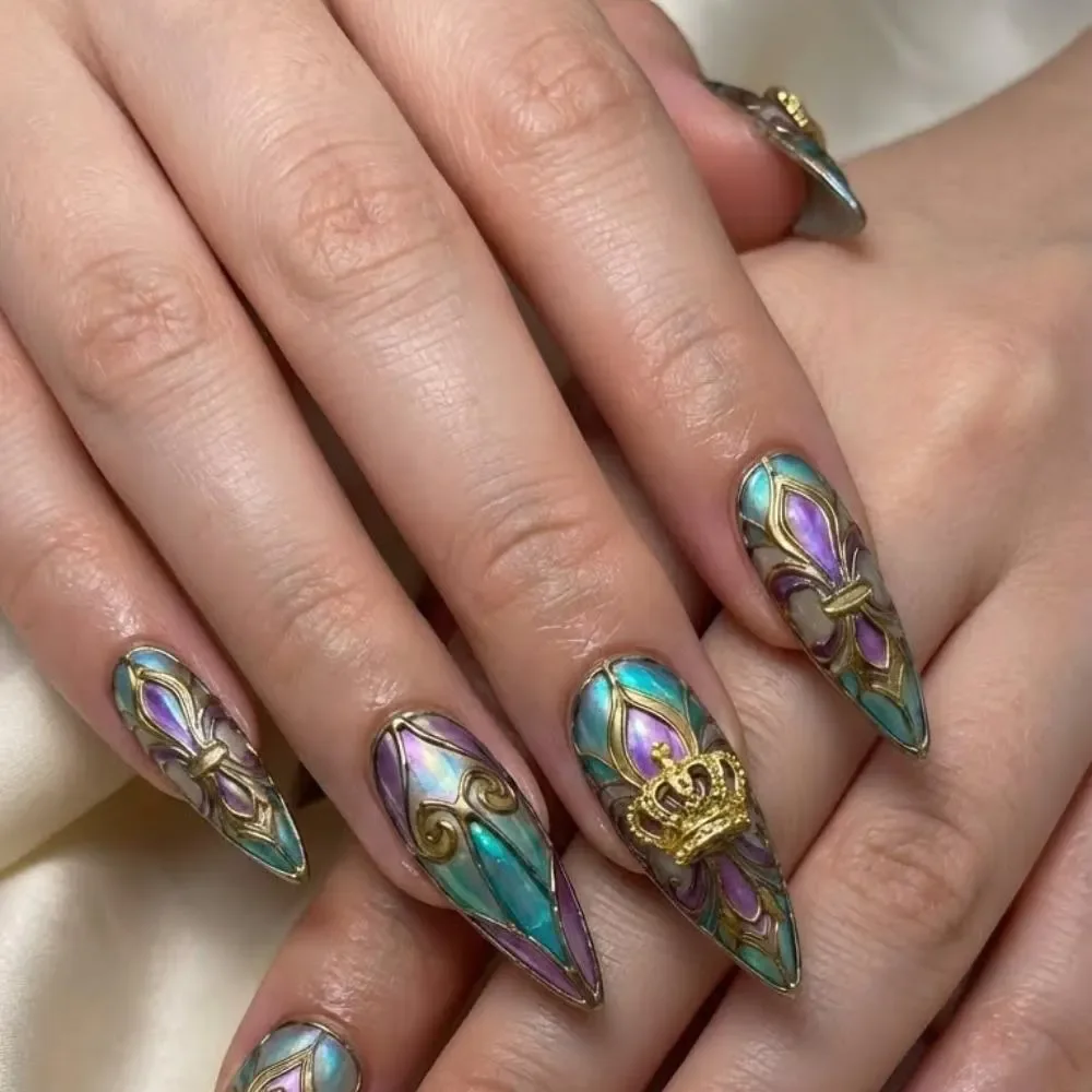 Crown cross design, Mardi Gras manicure, press on nails, custom press on nails, fake nails, Nails Art, stained glass nails, gold press on nails, 3d press on nails, luxury press on nails, handmade press on nails