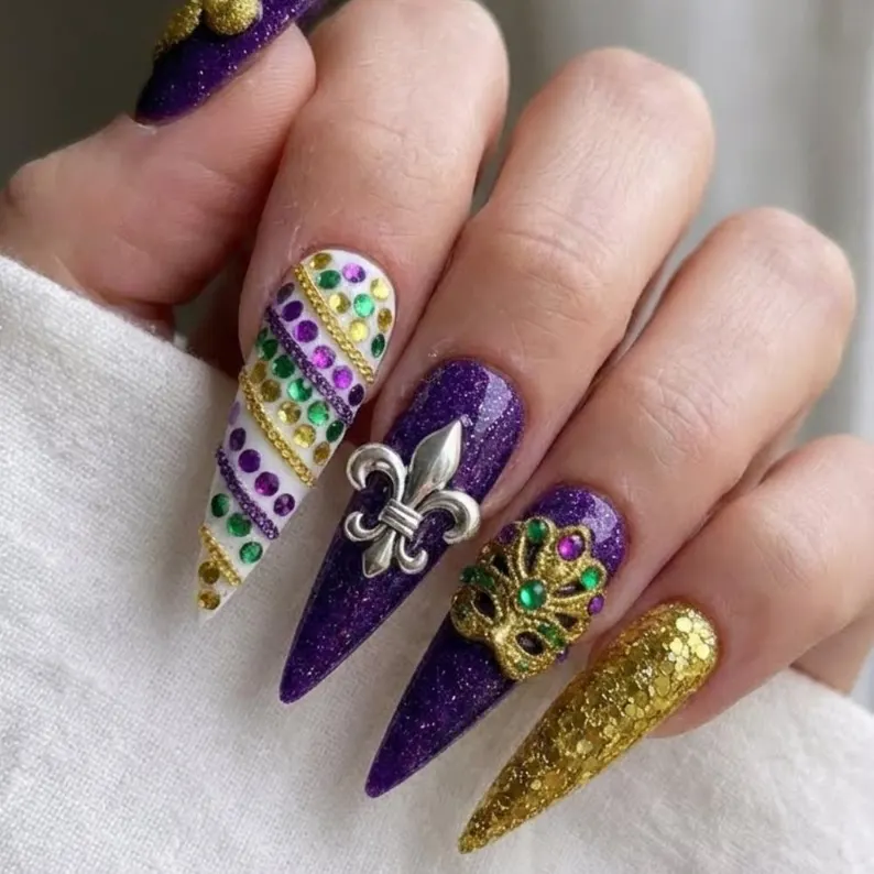 Mardi Gras nail art, press-on nail set, press on nails, custom press on nails, fake nails, Nails Art, stained glass nails, gold press on nails, 3d press on nails, luxury press on nails, handmade press on nails