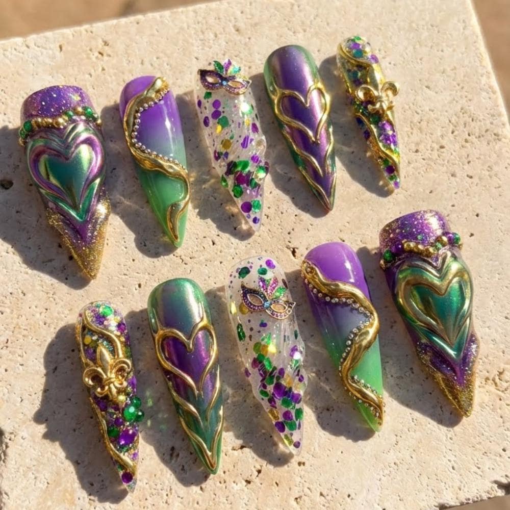 Mardi Gras nails, Press on nails, press on nails, custom press on nails, fake nails, Nails Art, stained glass nails, gold press on nails, 3d press on nails, luxury press on nails, handmade press on nails
