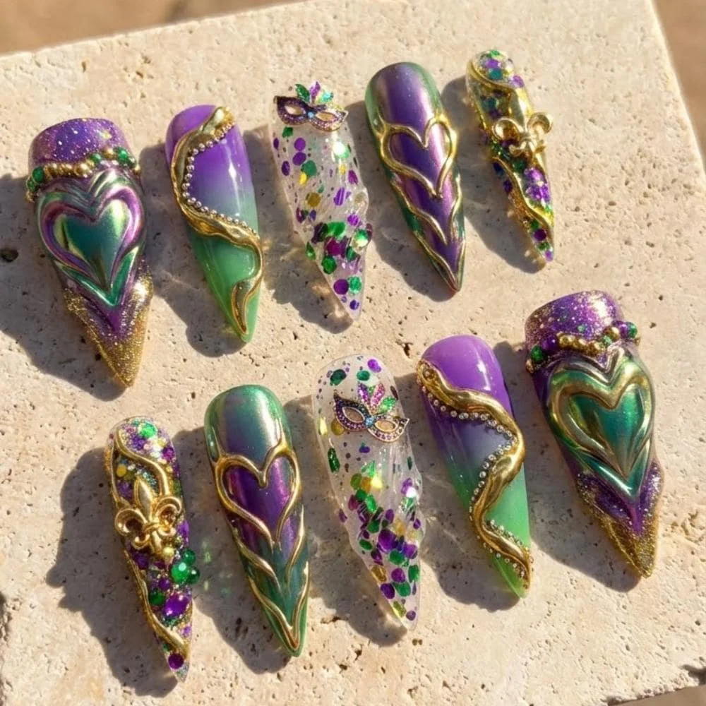 Mardi Gras nails, Press on nails, press on nails, custom press on nails, fake nails, Nails Art, stained glass nails, gold press on nails, 3d press on nails, luxury press on nails, handmade press on nails