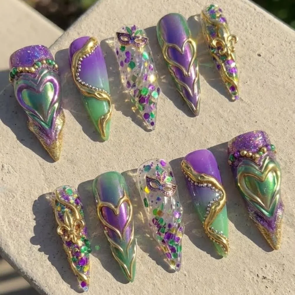 Stiletto nails, Heart masquerade, press on nails, custom press on nails, fake nails, Nails Art, stained glass nails, gold press on nails, 3d press on nails, luxury press on nails, handmade press on nails