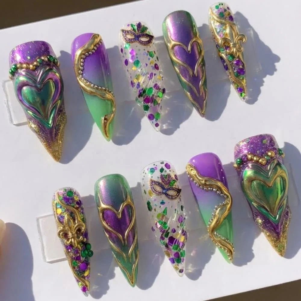 3D stiletto nails, Mardi Gras manicure, press on nails, custom press on nails, fake nails, Nails Art, stained glass nails, gold press on nails, 3d press on nails, luxury press on nails, handmade press on nails