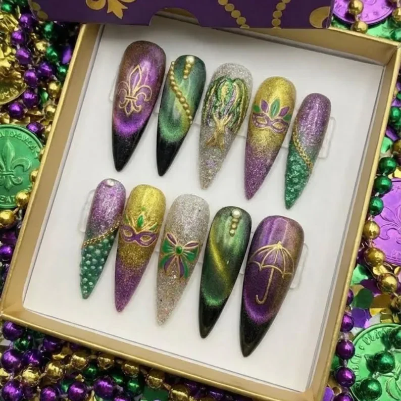 Mardi Gras nails, Press on nails, press on nails, custom press on nails, fake nails, Nails Art, stained glass nails, gold press on nails, 3d press on nails, luxury press on nails, handmade press on nails