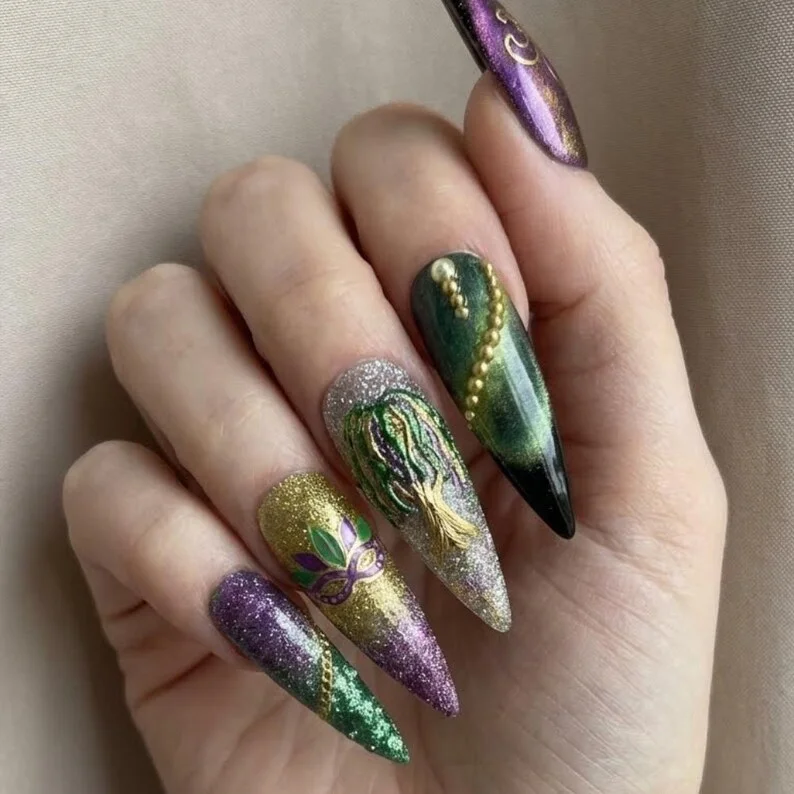 Mardi Gras nails, Press on nails, press on nails, custom press on nails, fake nails, Nails Art, stained glass nails, gold press on nails, 3d press on nails, luxury press on nails, handmade press on nails