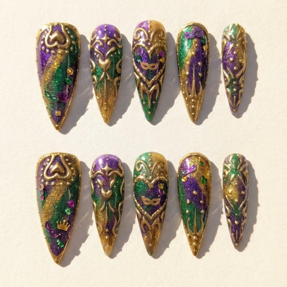 Festival manicure, Mardi Gras nails, press on nails, custom press on nails, fake nails, Nails Art, stained glass nails, gold press on nails, 3d press on nails, luxury press on nails, handmade press on nails