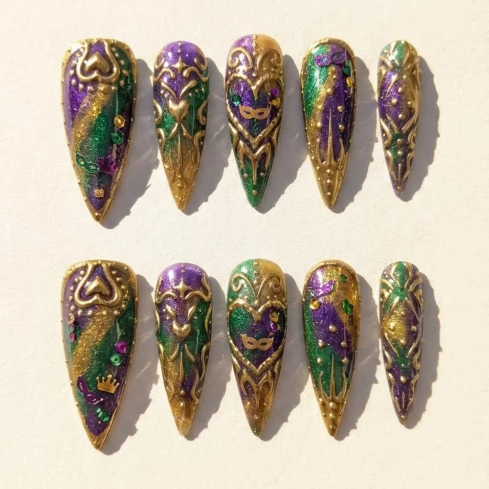 Mardi Gras nails, Press on nails, press on nails, custom press on nails, fake nails, Nails Art, stained glass nails, gold press on nails, 3d press on nails, luxury press on nails, handmade press on nails