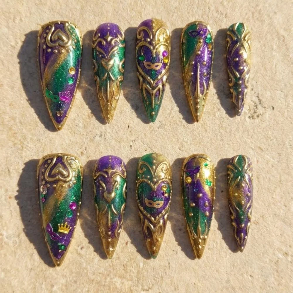 3D masquerade, Heart design, press on nails, custom press on nails, fake nails, Nails Art, stained glass nails, gold press on nails, 3d press on nails, luxury press on nails, handmade press on nails