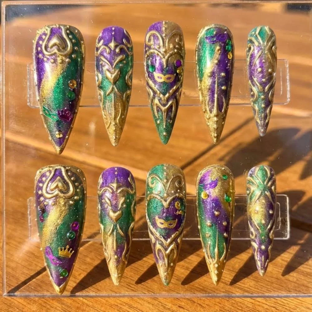 Masquerade style, Stiletto nails, press on nails, custom press on nails, fake nails, Nails Art, stained glass nails, gold press on nails, 3d press on nails, luxury press on nails, handmade press on nails
