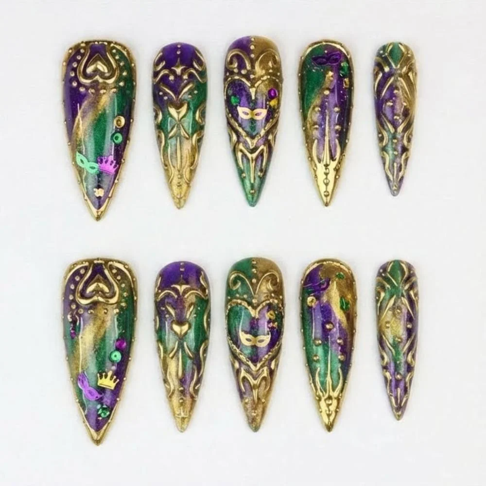 Party nail art, Faux stiletto, press on nails, custom press on nails, fake nails, Nails Art, stained glass nails, gold press on nails, 3d press on nails, luxury press on nails, handmade press on nails