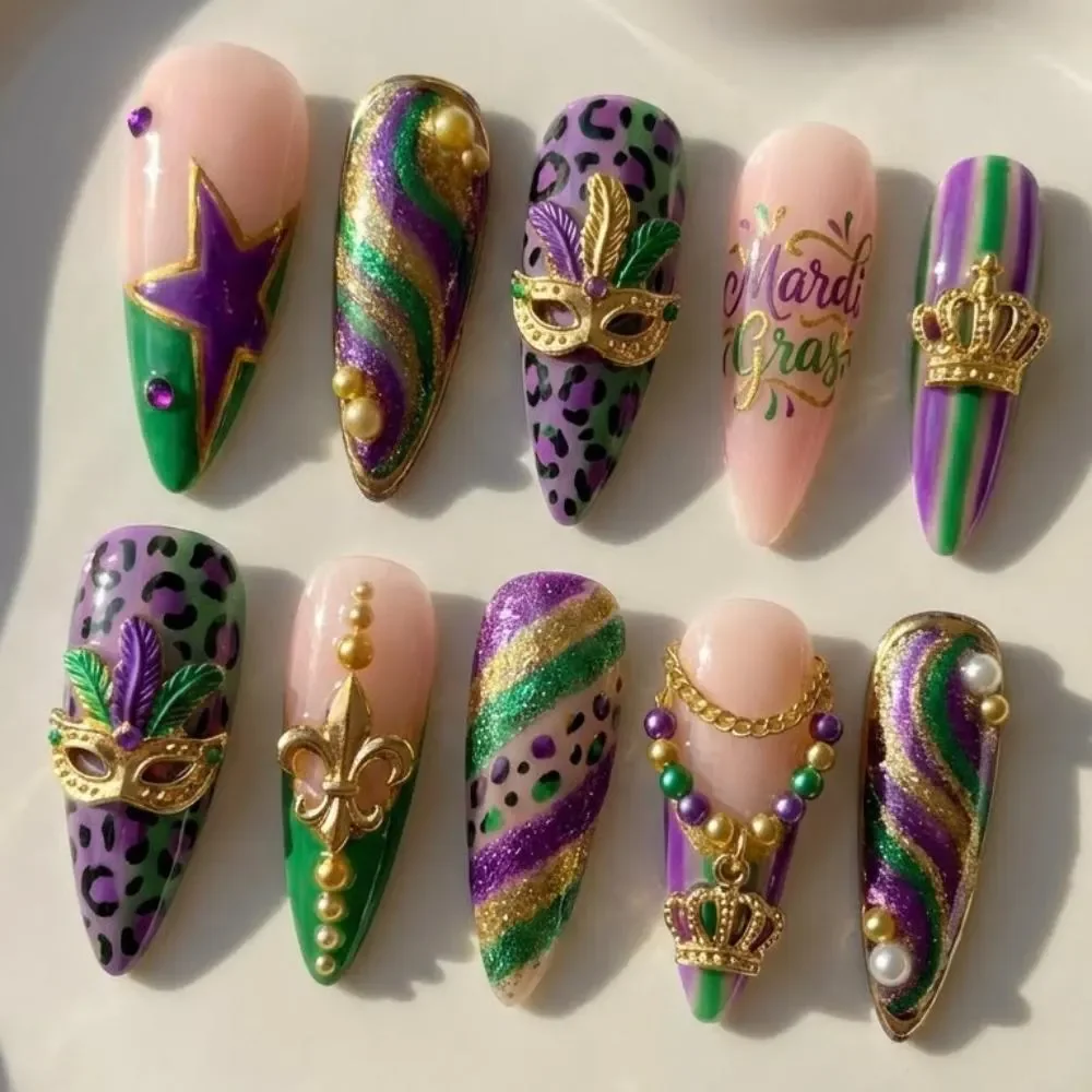 Mardi Gras nails, Press on nails, press on nails, custom press on nails, fake nails, Nails Art, stained glass nails, gold press on nails, 3d press on nails, luxury press on nails, handmade press on nails