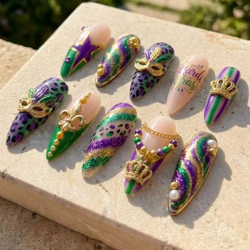 Costume nails, Mardi Gras manicure, press on nails, custom press on nails, fake nails, Nails Art, stained glass nails, gold press on nails, 3d press on nails, luxury press on nails, handmade press on nails