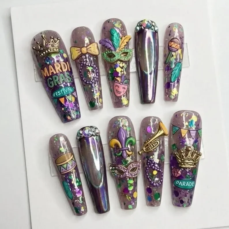Mardi Gras press-on nails, 3D masquerade nails, press on nails, custom press on nails, fake nails, Nails Art, stained glass nails, gold press on nails, 3d press on nails, luxury press on nails, handmade press on nails
