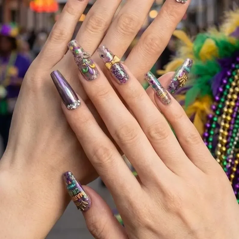 crown nail art, Mardi Gras nail set, press on nails, custom press on nails, fake nails, Nails Art, stained glass nails, gold press on nails, 3d press on nails, luxury press on nails, handmade press on nails