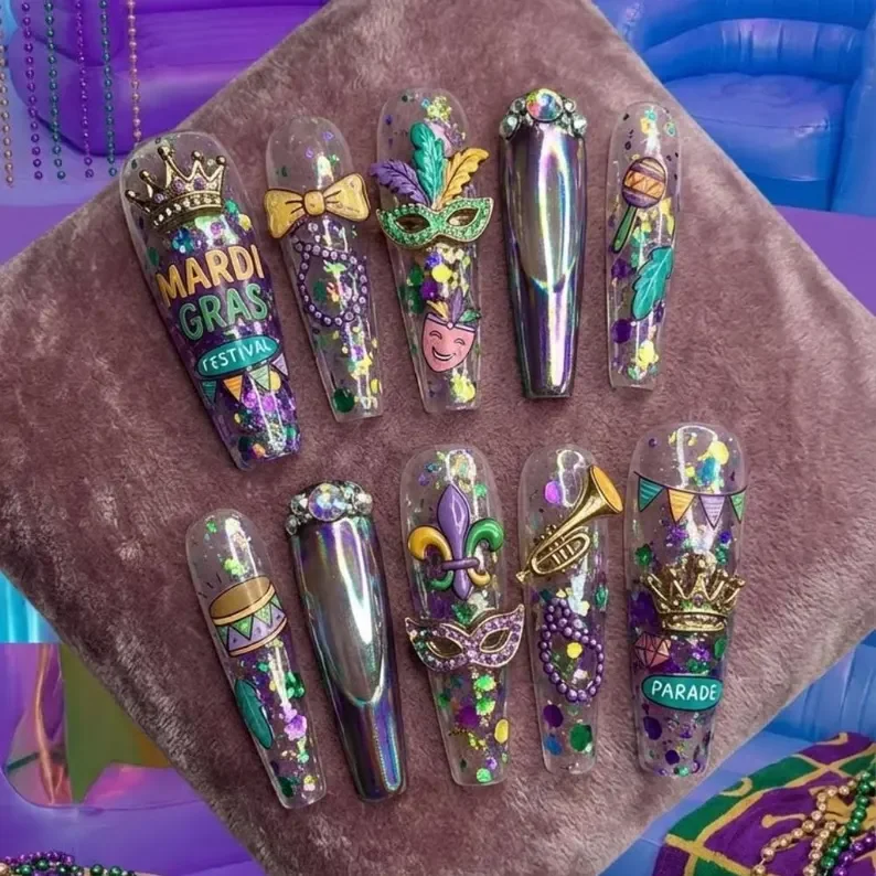 Mardi Gras press-on nails, 3D masquerade nails, press on nails, custom press on nails, fake nails, Nails Art, stained glass nails, gold press on nails, 3d press on nails, luxury press on nails, handmade press on nails
