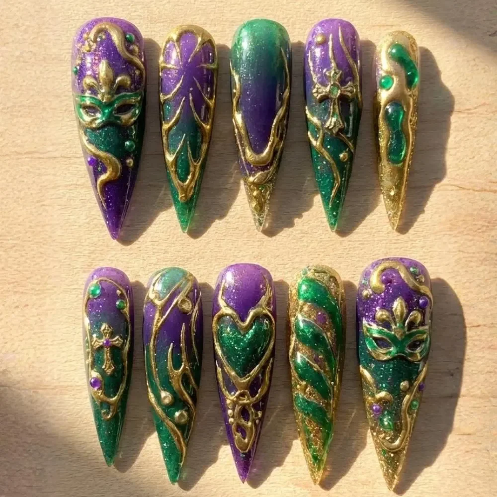 Mardi Gras nails, Press on nails, press on nails, custom press on nails, fake nails, Nails Art, stained glass nails, gold press on nails, 3d press on nails, luxury press on nails, handmade press on nails