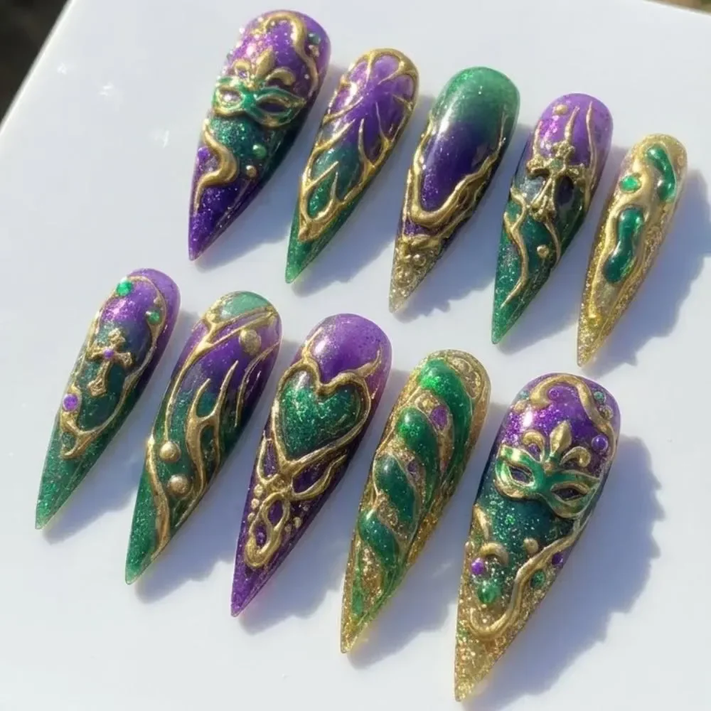 3D stiletto, Stiletto nails, press on nails, custom press on nails, fake nails, Nails Art, stained glass nails, gold press on nails, 3d press on nails, luxury press on nails, handmade press on nails