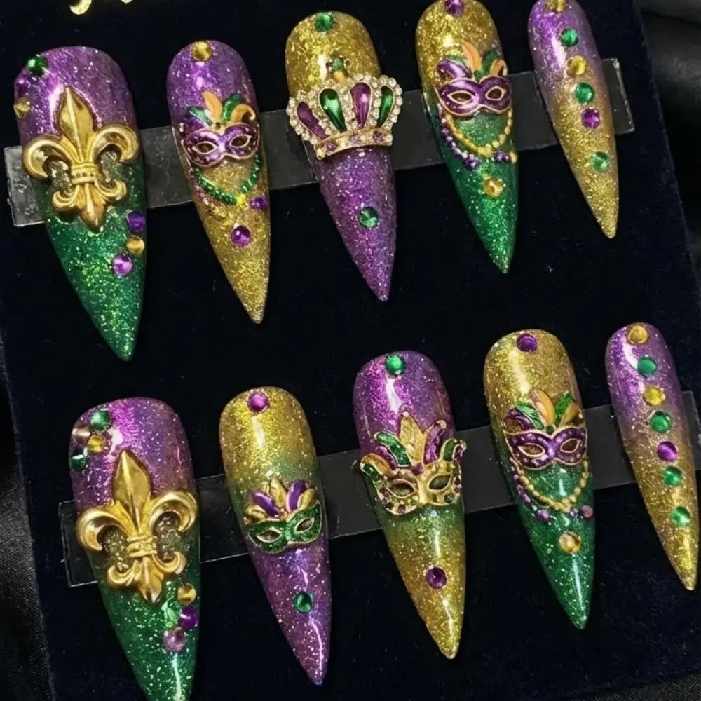 Mardi Gras press on, Press on nails kit, press on nails, custom press on nails, fake nails, Nails Art, stained glass nails, gold press on nails, 3d press on nails, luxury press on nails, handmade press on nails