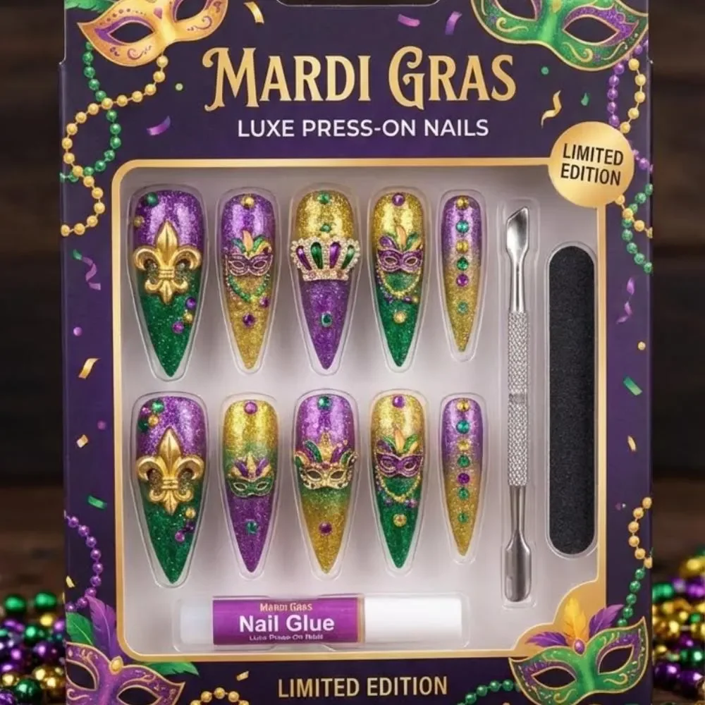 Fleur de lis nails, Carnival nails, press on nails, custom press on nails, fake nails, Nails Art, stained glass nails, gold press on nails, 3d press on nails, luxury press on nails, handmade press on nails
