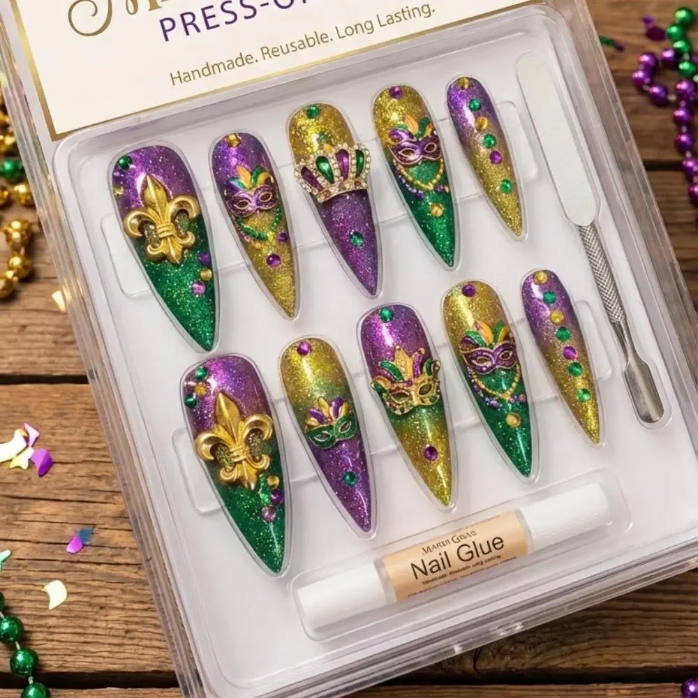 Purple green gold, Handmade reusable nails, press on nails, custom press on nails, fake nails, Nails Art, stained glass nails, gold press on nails, 3d press on nails, luxury press on nails, handmade press on nails