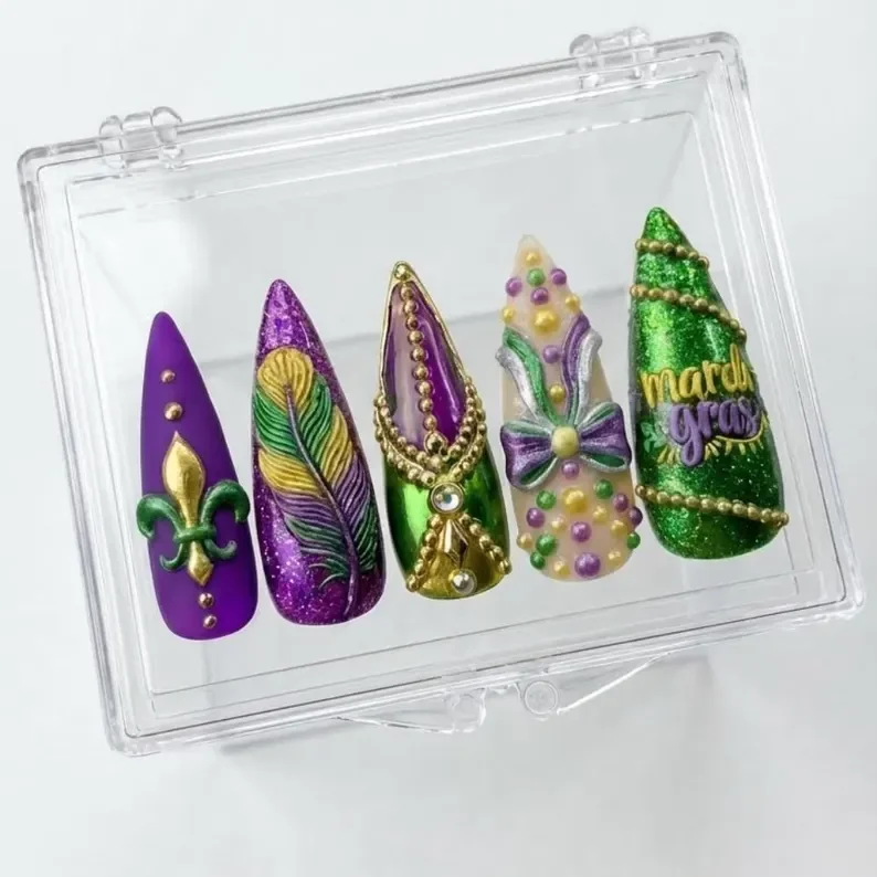 Press-On Nails, New Orleans Carnival, press on nails, custom press on nails, fake nails, Nails Art, stained glass nails, gold press on nails, 3d press on nails, luxury press on nails, handmade press on nails