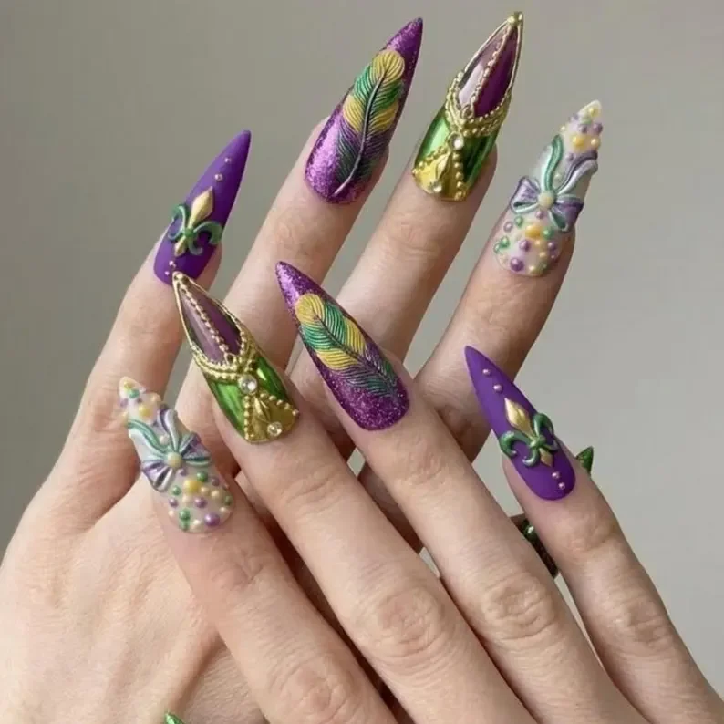 Mardi Gras Queen, Luxury 3D Nails, press on nails, custom press on nails, fake nails, Nails Art, stained glass nails, gold press on nails, 3d press on nails, luxury press on nails, handmade press on nails
