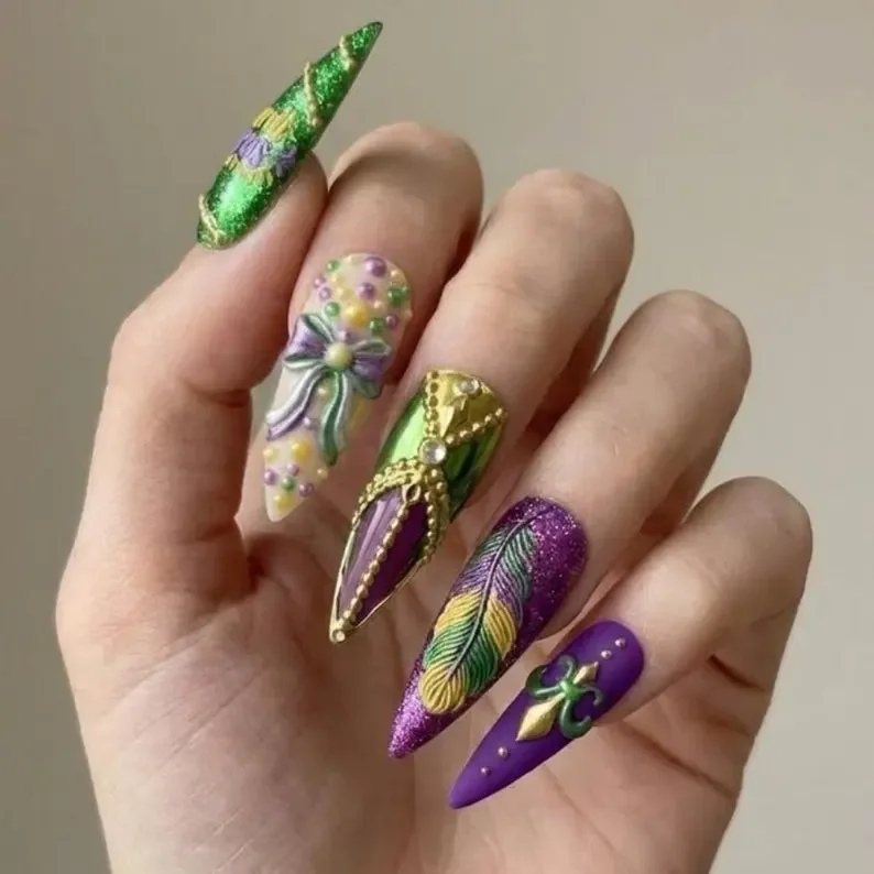 Press-On Nails, New Orleans Carnival, press on nails, custom press on nails, fake nails, Nails Art, stained glass nails, gold press on nails, 3d press on nails, luxury press on nails, handmade press on nails