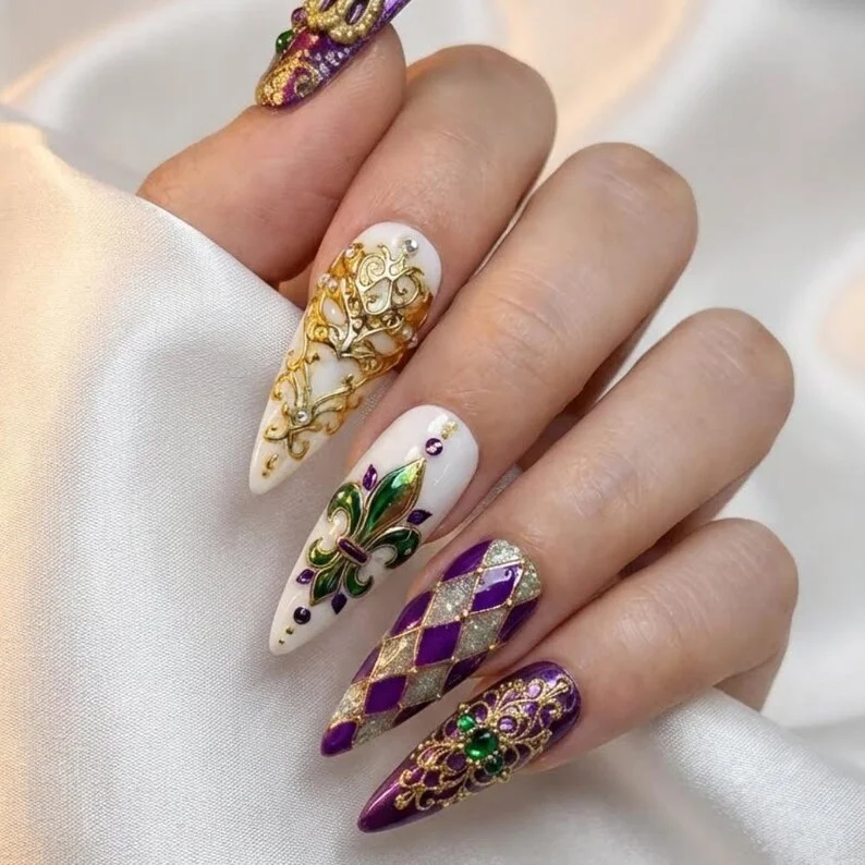 Carnival nail art, Masquerade nails, press on nails, custom press on nails, fake nails, Nails Art, stained glass nails, gold press on nails, 3d press on nails, luxury press on nails, handmade press on nails