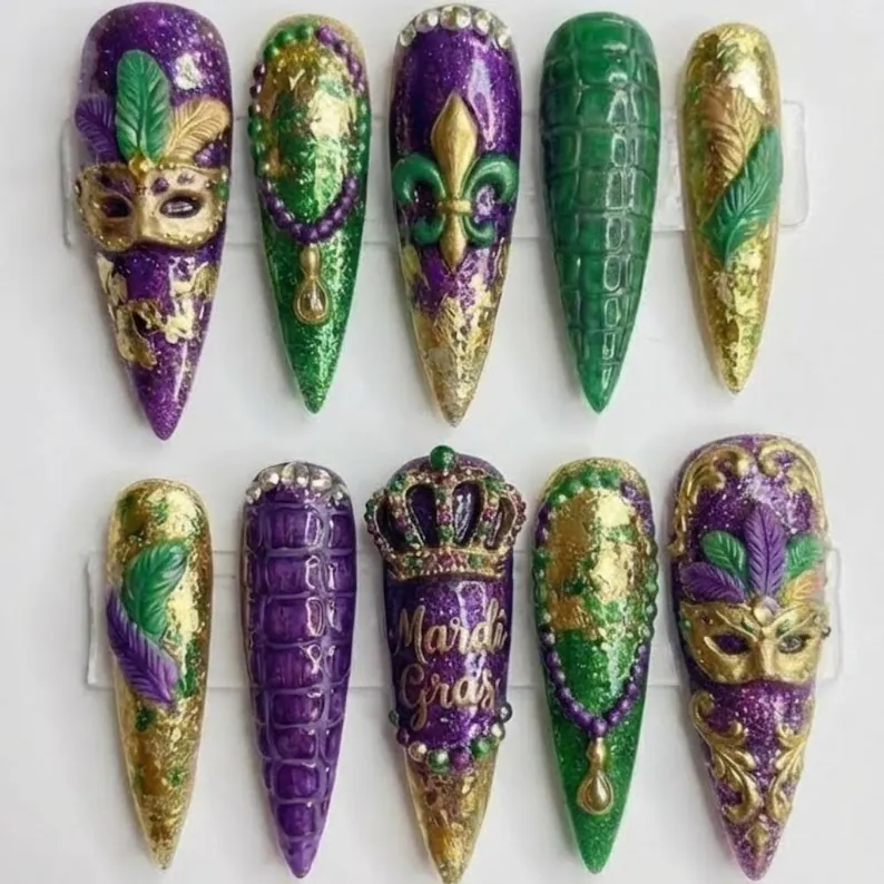 Mardi Gras nail set, Press-on nail kit, press on nails, custom press on nails, fake nails, Nails Art, stained glass nails, gold press on nails, 3d press on nails, luxury press on nails, handmade press on nails