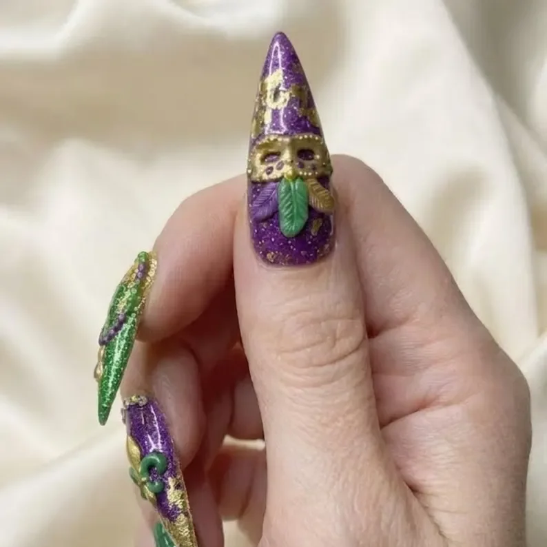 Luxury 3D nails, New Orleans carnival, press on nails, custom press on nails, fake nails, Nails Art, stained glass nails, gold press on nails, 3d press on nails, luxury press on nails, handmade press on nails
