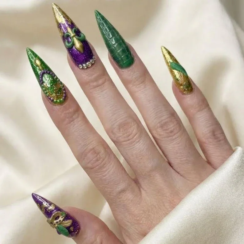 Mardi Gras nail set, Press-on nail kit, press on nails, custom press on nails, fake nails, Nails Art, stained glass nails, gold press on nails, 3d press on nails, luxury press on nails, handmade press on nails