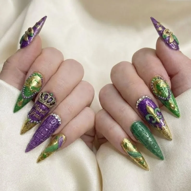 Luxury 3D nails, New Orleans carnival, press on nails, custom press on nails, fake nails, Nails Art, stained glass nails, gold press on nails, 3d press on nails, luxury press on nails, handmade press on nails