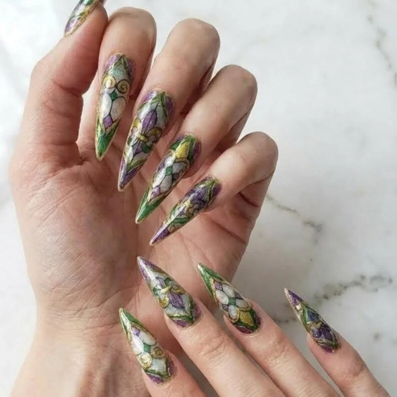 Carnival nail art, Fleur-de-lis nails, press on nails, custom press on nails, fake nails, Nails Art, stained glass nails, gold press on nails, 3d press on nails, luxury press on nails, handmade press on nails