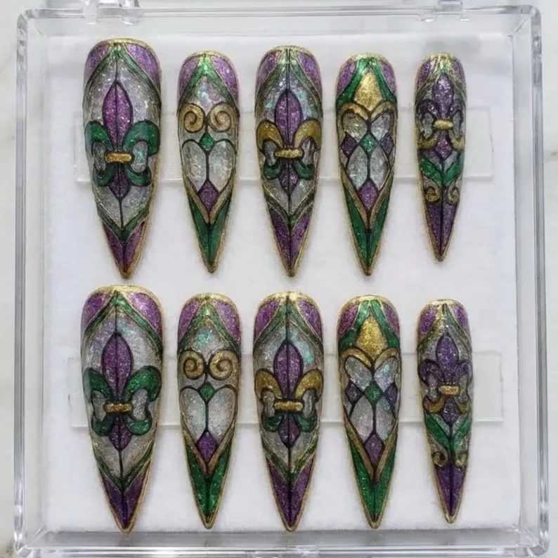 Mardi Gras manicure, New Orleans carnival, press on nails, custom press on nails, fake nails, Nails Art, stained glass nails, gold press on nails, 3d press on nails, luxury press on nails, handmade press on nails