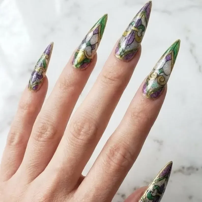 Mardi Gras decor nails, Mardi Gras nails, press on nails, custom press on nails, fake nails, Nails Art, stained glass nails, gold press on nails, 3d press on nails, luxury press on nails, handmade press on nails