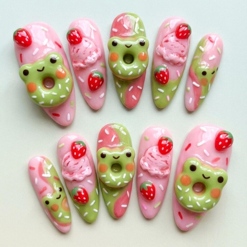 matcha strawberry donut, press on nails, custom press on nails, fake nails, Nails Art, stained glass nails, gold press on nails, 3d press on nails, luxury press on nails, handmade press on nails