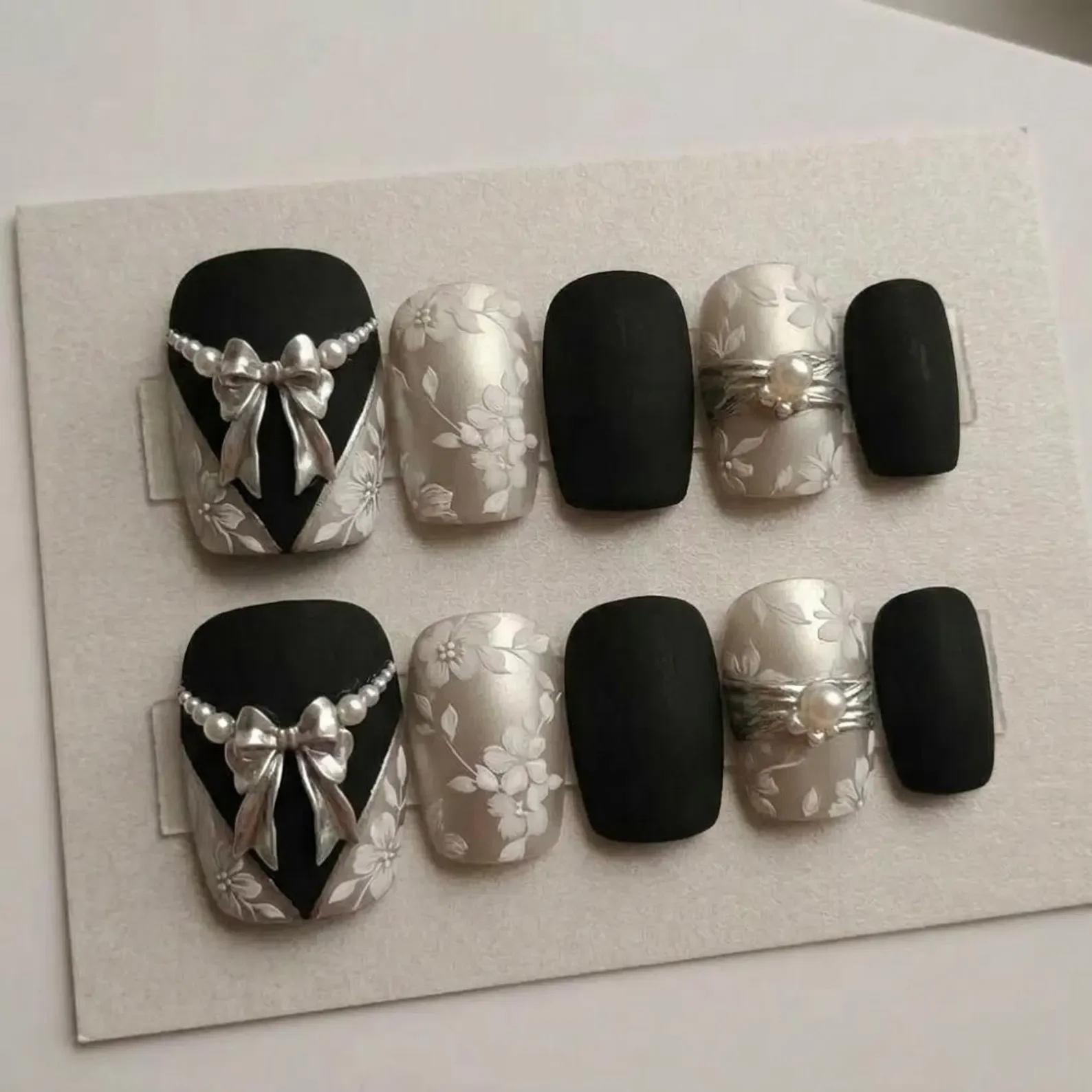 matte black toes, silver 3D bow, press on nails, custom press on nails, fake nails, Nails Art, stained glass nails, gold press on nails, 3d press on nails, luxury press on nails, handmade press on nails