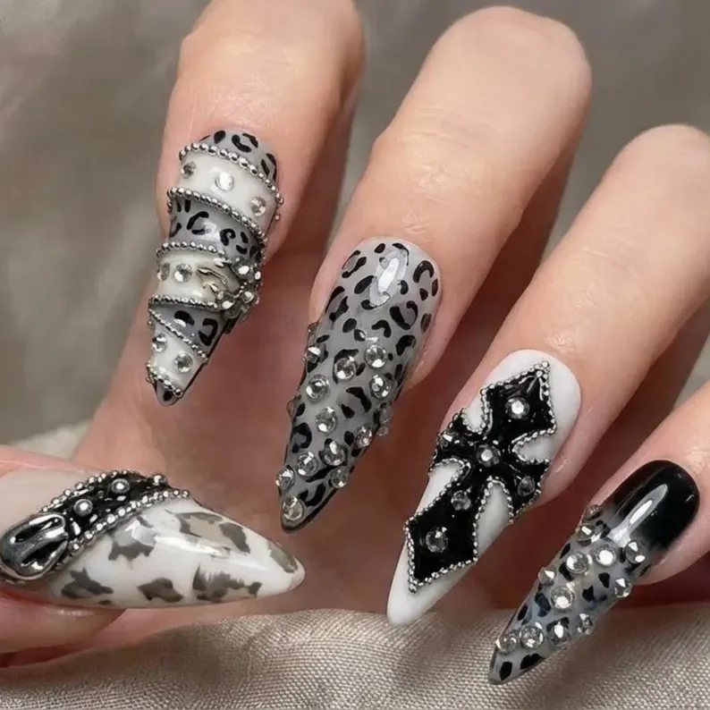 3D animal print nails, chrome cross nail art, press on nails, custom press on nails, fake nails, Nails Art, stained glass nails, gold press on nails, 3d press on nails, luxury press on nails, handmade press on nails