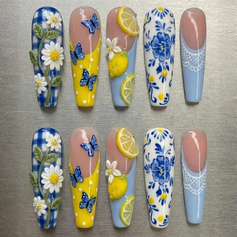 Amalfi Coast style, 3D lemon nail art, press on nails, custom press on nails, fake nails, Nails Art, stained glass nails, gold press on nails, 3d press on nails, luxury press on nails, handmade press on nails